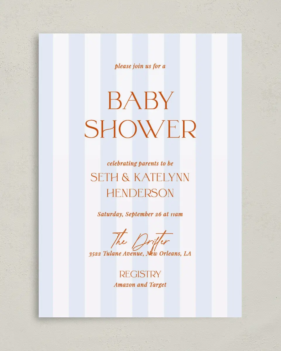 This is a 5" x 7" Bridal Shower Invitation called Sweet Stripes printed in full color on Premium Smooth paper