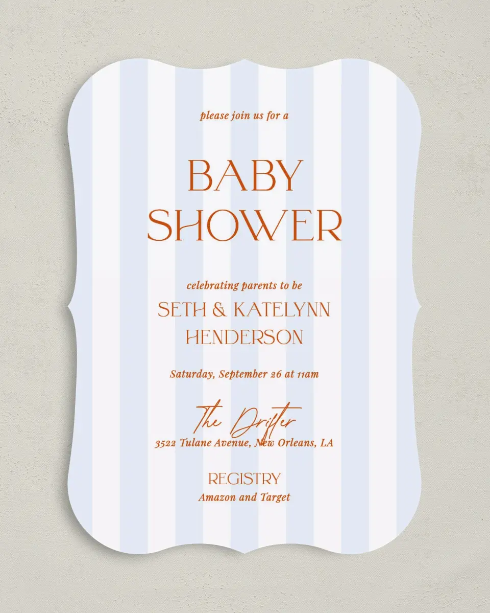 This is a 5" x 7" Baby Shower Invitation called Sweet Stripes printed in full color on Premium Smooth paper