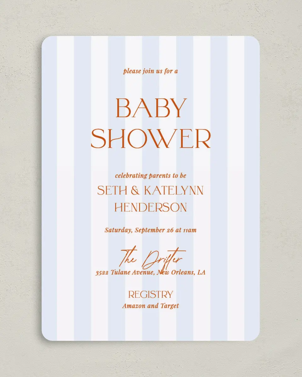 This is a 5" x 7" Bridal Shower Invitation called Sweet Stripes printed in full color on Premium Smooth paper
