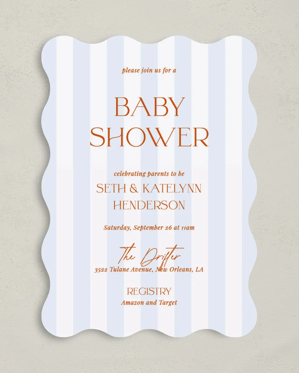 This is a 5" x 7" Baby Shower Invitation called Sweet Stripes printed in full color on Premium Smooth paper