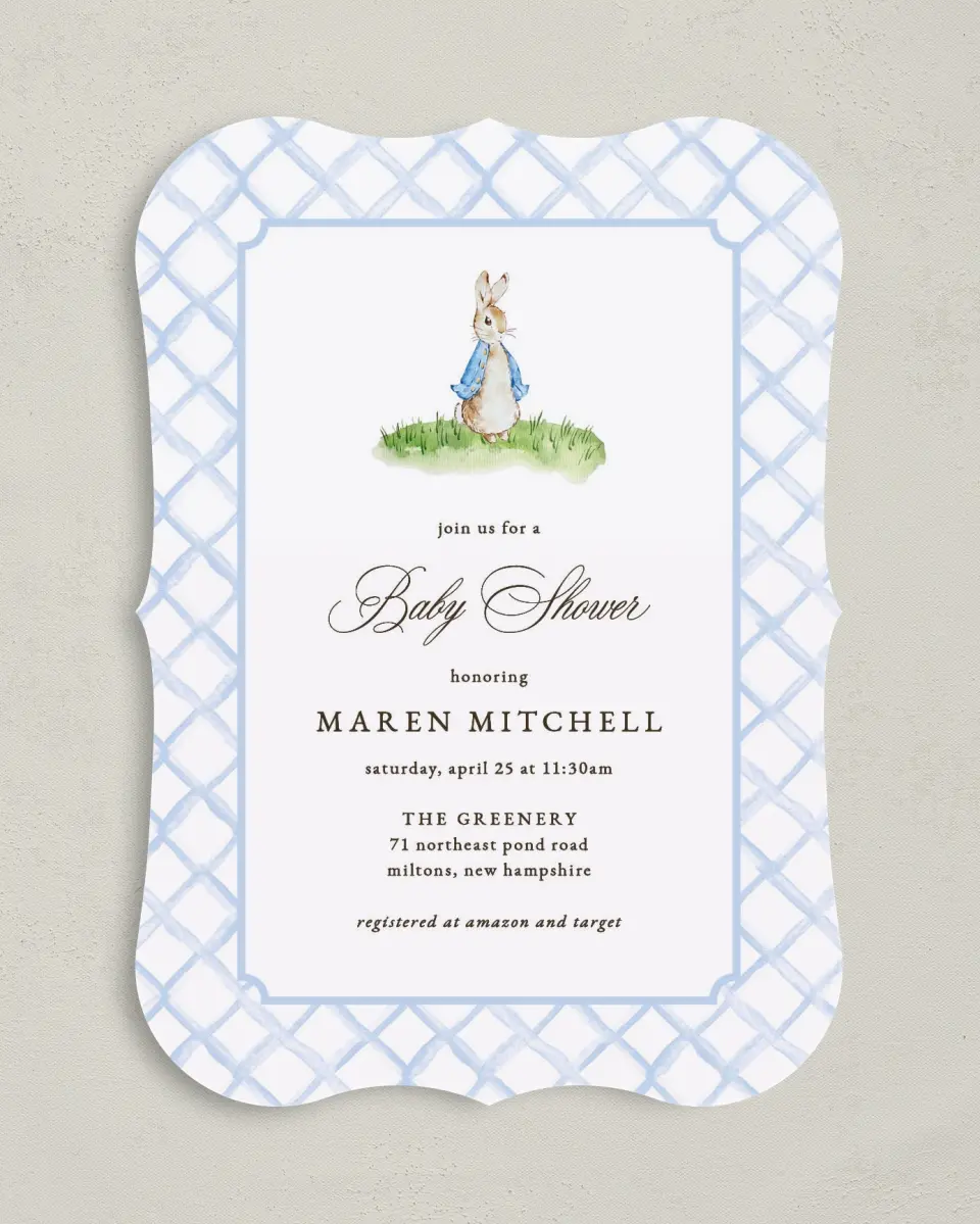 This is a 5" x 7" Baby Shower Invitation called Cotton Tale printed in full color on Premium Smooth paper