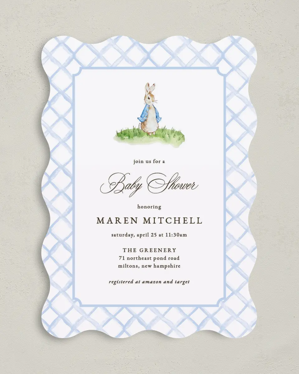 This is a 5" x 7" Baby Shower Invitation called Cotton Tale printed in full color on Premium Smooth paper