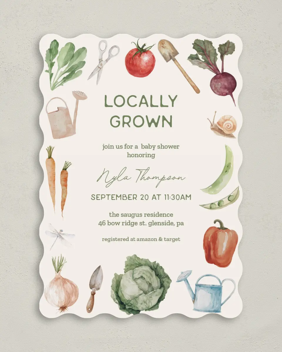 This is a 5" x 7" Baby Shower Invitation called Locally Grown printed in full color on Premium Smooth paper