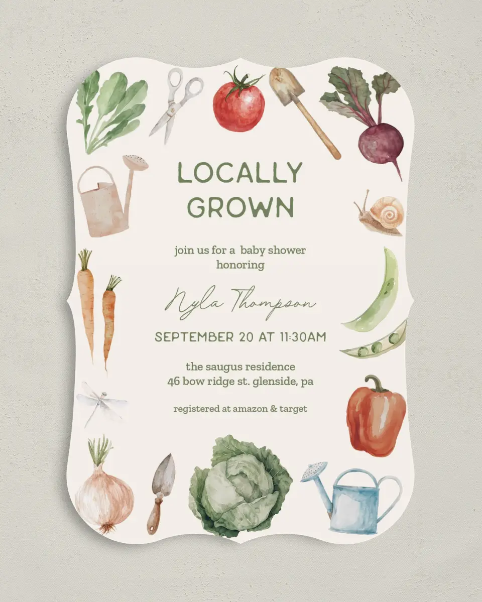 This is a 5" x 7" Baby Shower Invitation called Locally Grown printed in full color on Premium Smooth paper