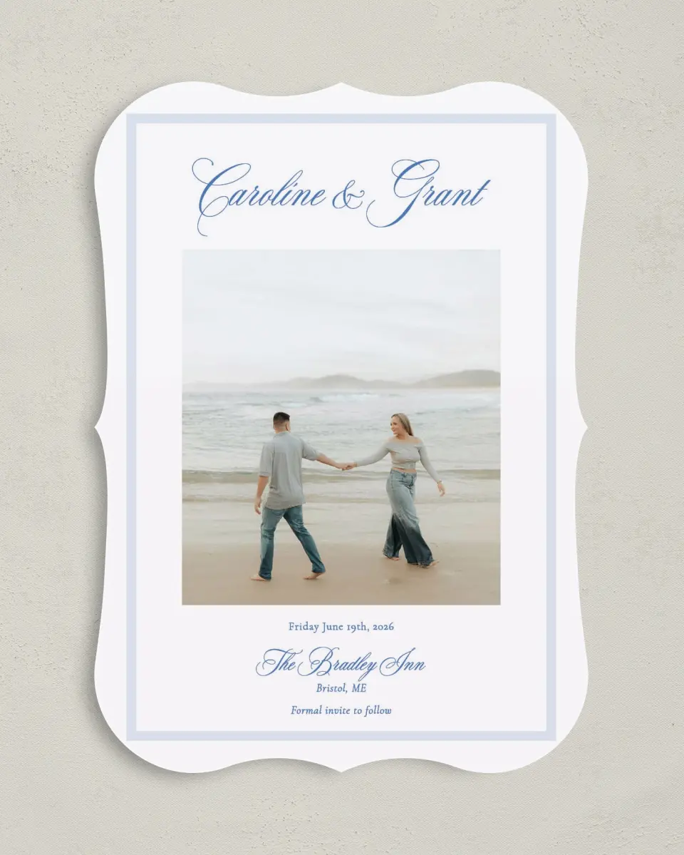 This is a 5" x 7" Save the Date Card called Bradley printed in full color on Premium Smooth paper