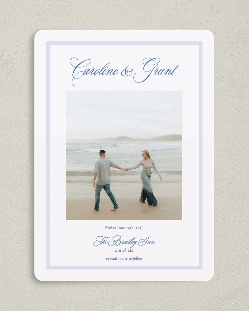 This is a 5" x 7" Save the Date Card called Bradley printed in full color on Premium Smooth paper