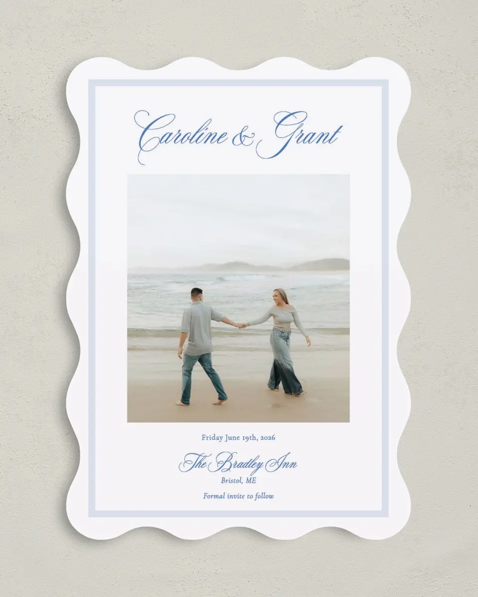 This is a 5" x 7" Save the Date Card called Bradley printed in full color on Premium Smooth paper