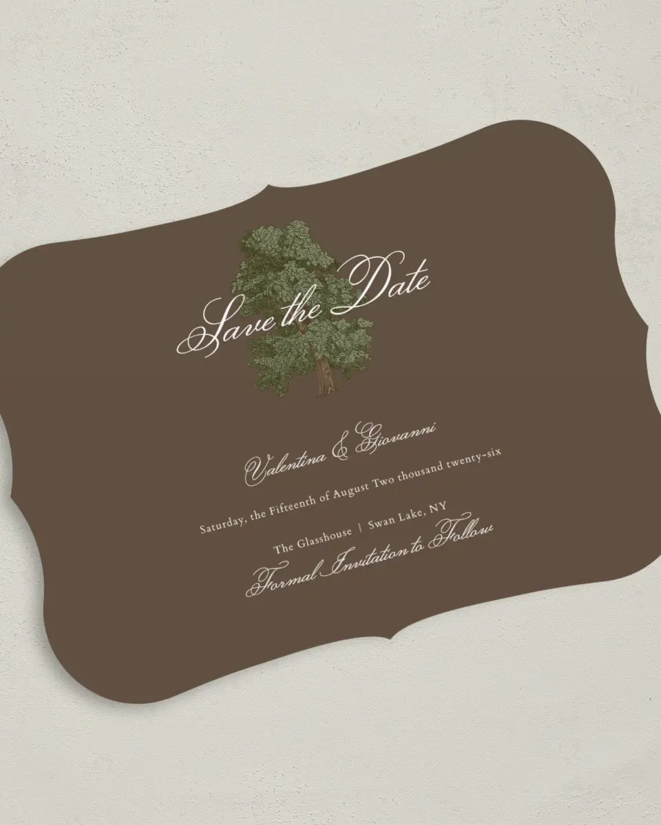 This is a 5" x 7" Save the Date Card called Holloway printed in full color on Premium Smooth paper