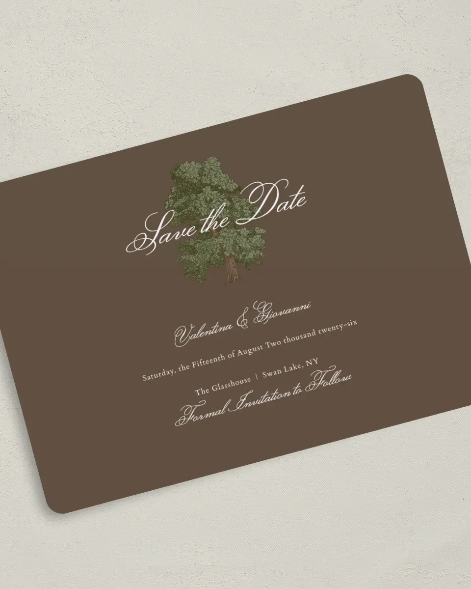 This is a 5" x 7" Save the Date Card called Holloway printed in full color on Premium Smooth paper
