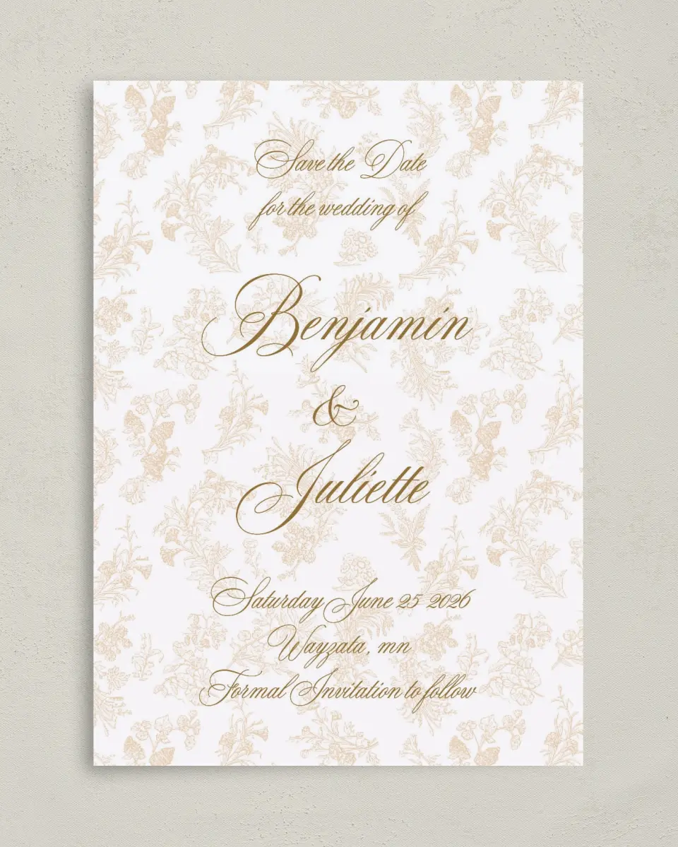 This is a 5" x 7" Save the Date Card called Wayzata printed in full color on Premium Smooth paper