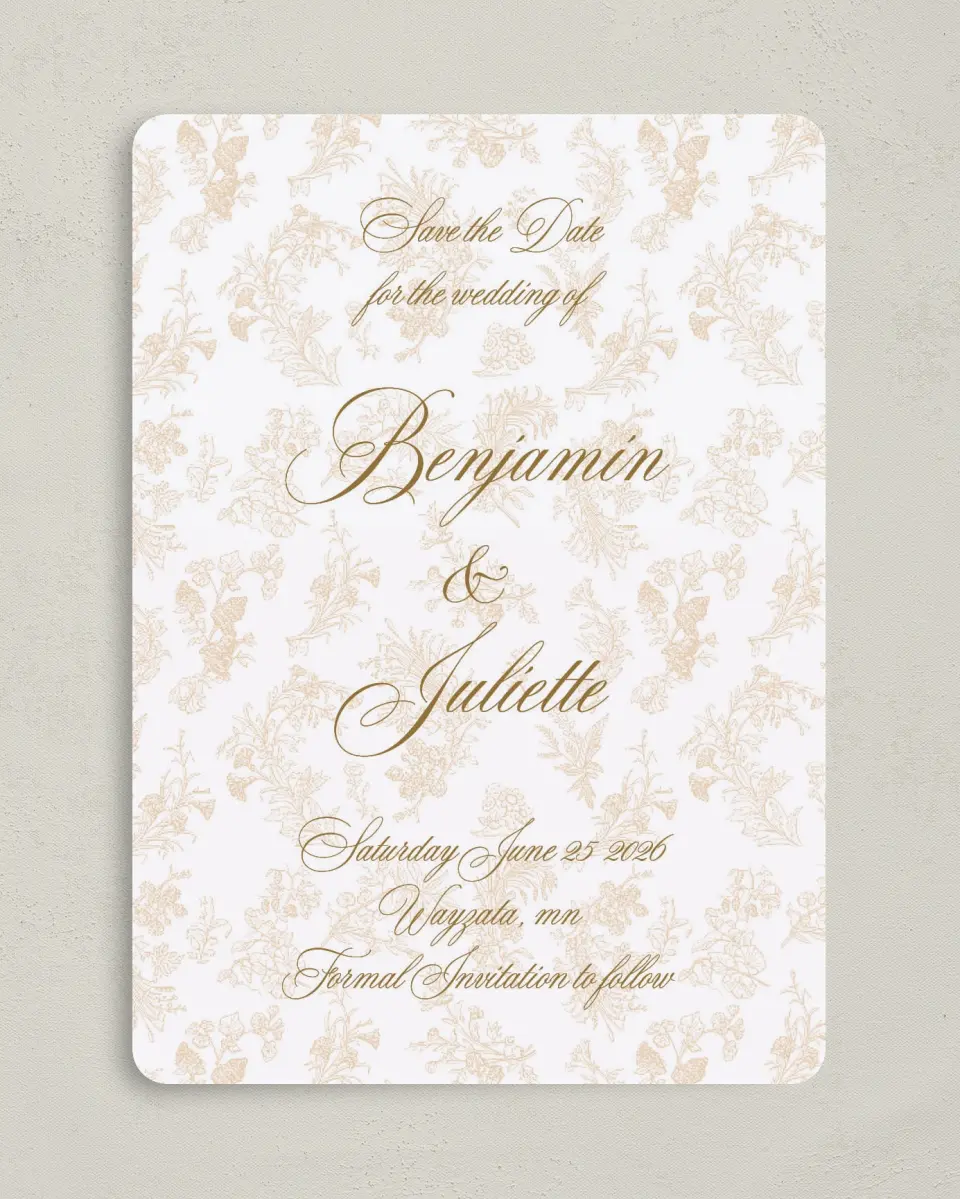 This is a 5" x 7" Save the Date Card called Wayzata printed in full color on Premium Smooth paper