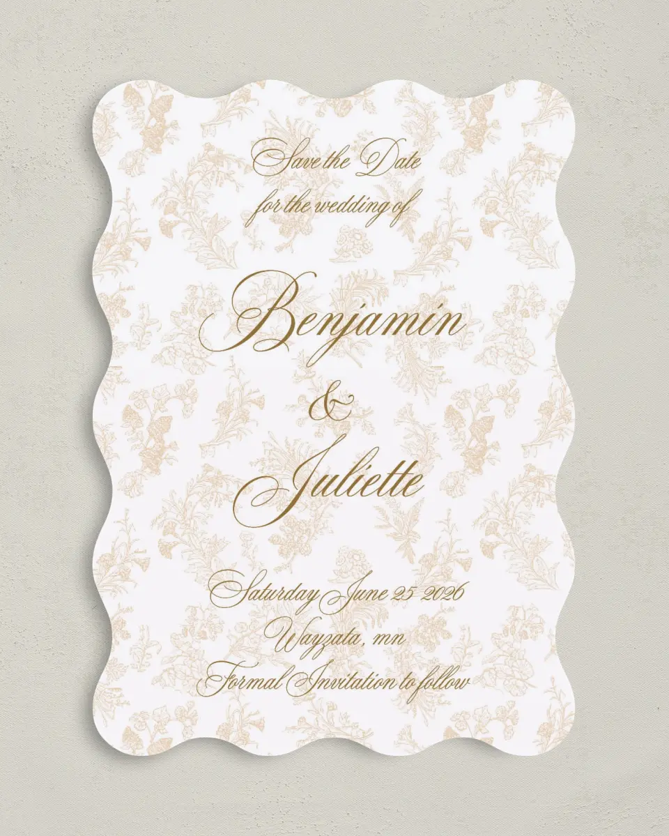 This is a 5" x 7" Save the Date Card called Wayzata printed in full color with Silver foil on Luxe Satin (coated) paper