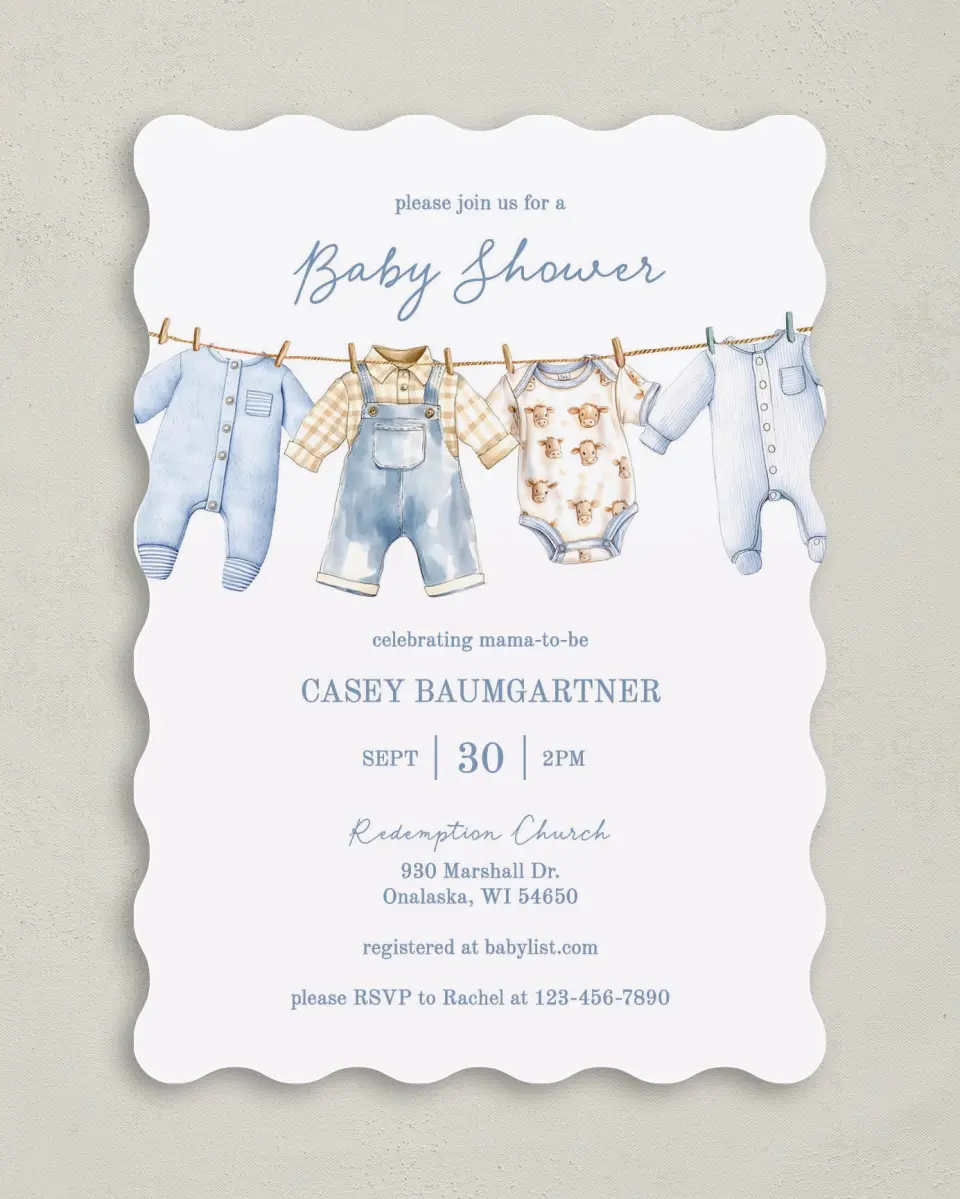 This is a 5" x 7" Baby Shower Invitation called Country Clothesline printed in full color on Premium Smooth paper