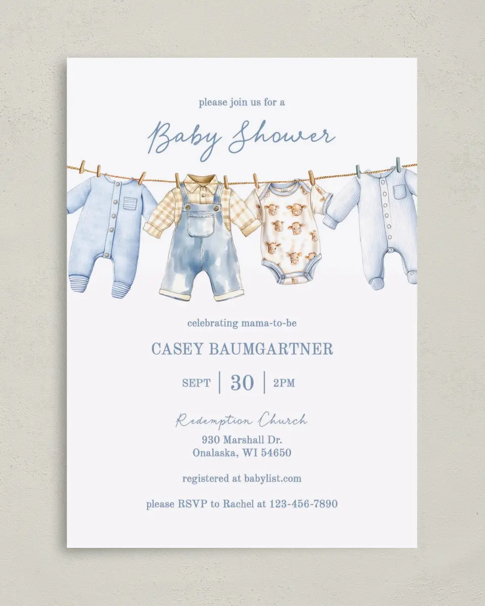 This is a 5" x 7" Baby Shower Invitation called Country Clothesline printed in full color with Gold foil on Luxe Satin (coated) paper