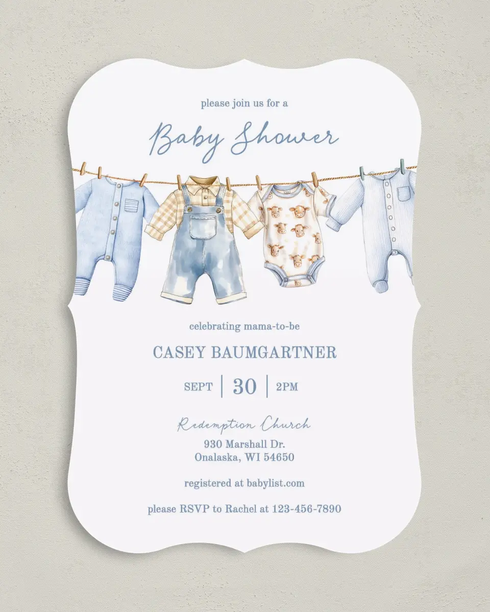 This is a 5" x 7" Baby Shower Invitation called Country Clothesline printed in full color on Premium Smooth paper
