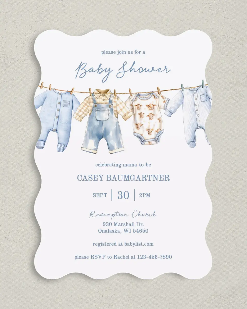 This is a 5" x 7" Baby Shower Invitation called Country Clothesline printed in full color on Premium Smooth paper