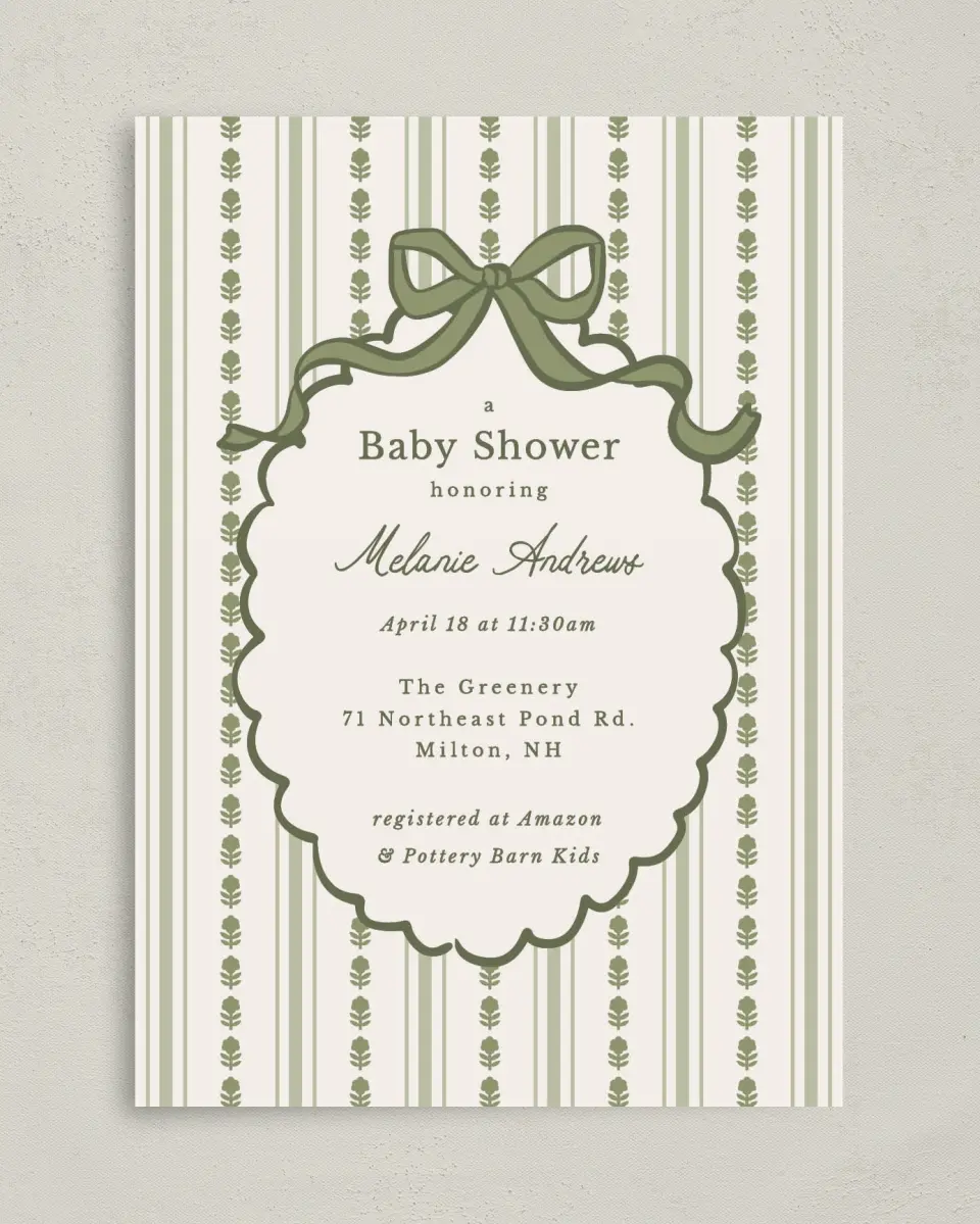 This is a 5" x 7" Baby Shower Invitation called Coquette Darling printed in full color with Silver foil on Luxe Satin (coated) paper