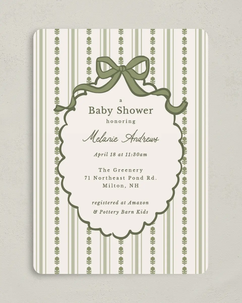 This is a 5" x 7" Baby Shower Invitation called Coquette Darling printed in full color on Premium Smooth paper
