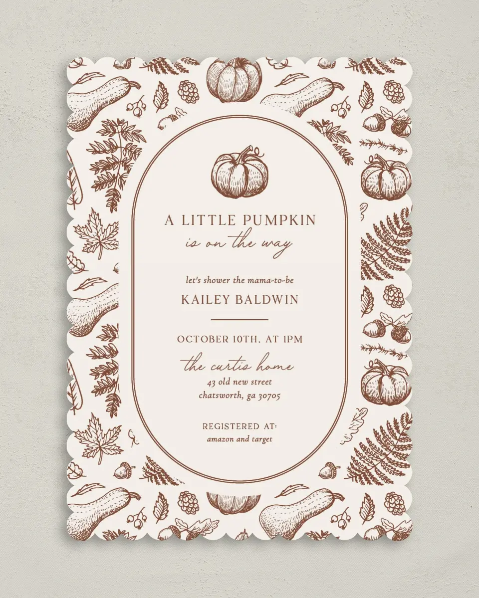 This is a 5" x 7" Baby Shower Invitation called Precious Pumpkin printed in full color on Premium Smooth paper