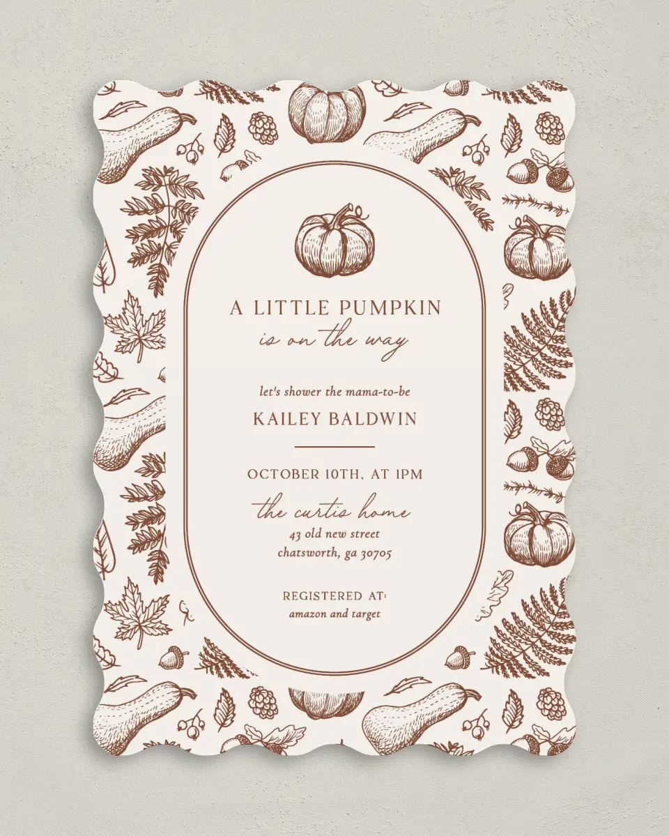This is a 5" x 7" Baby Shower Invitation called Precious Pumpkin printed in full color on Premium Smooth paper