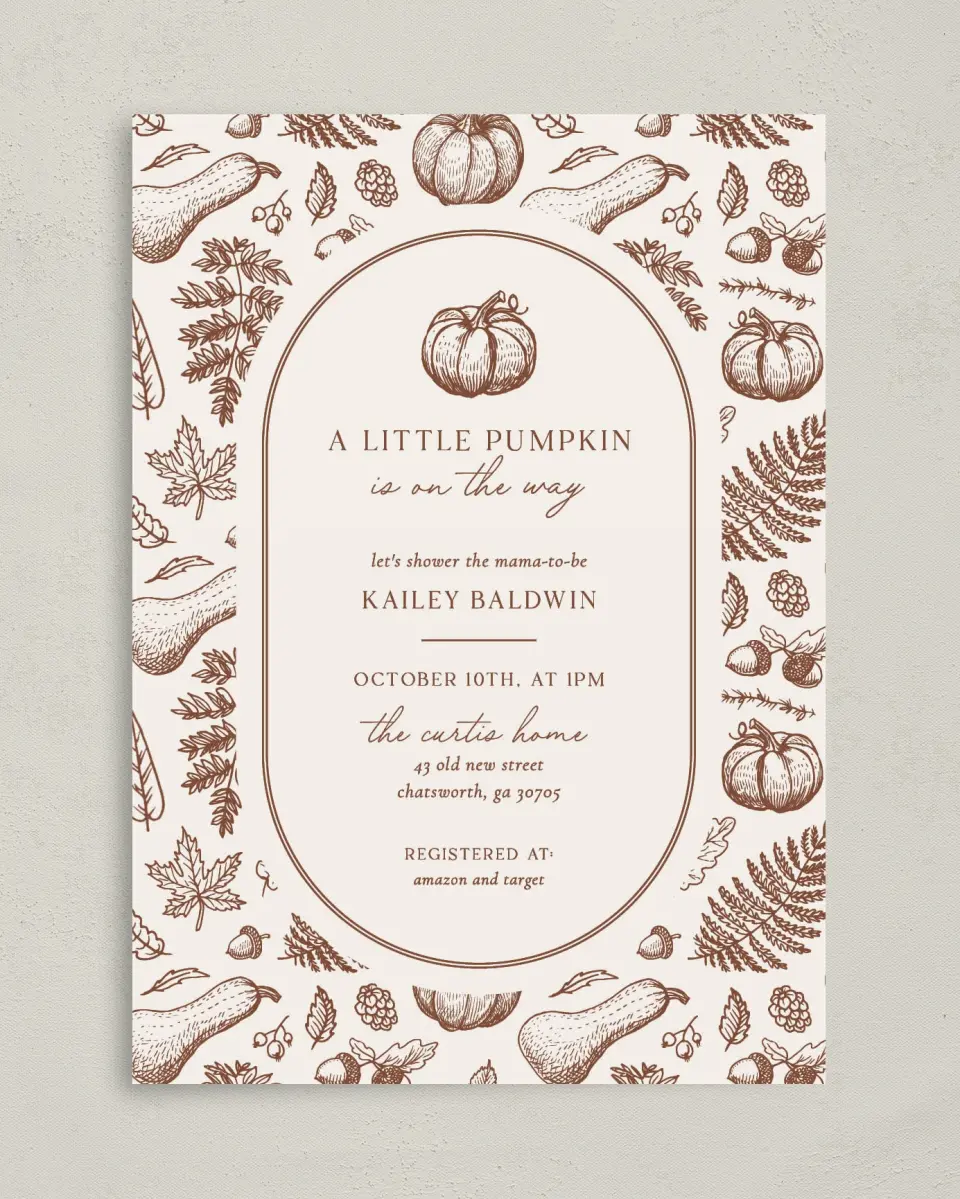 This is a 5" x 7" Baby Shower Invitation called Precious Pumpkin printed in full color with Rose Gold foil on Luxe Satin (coated) paper