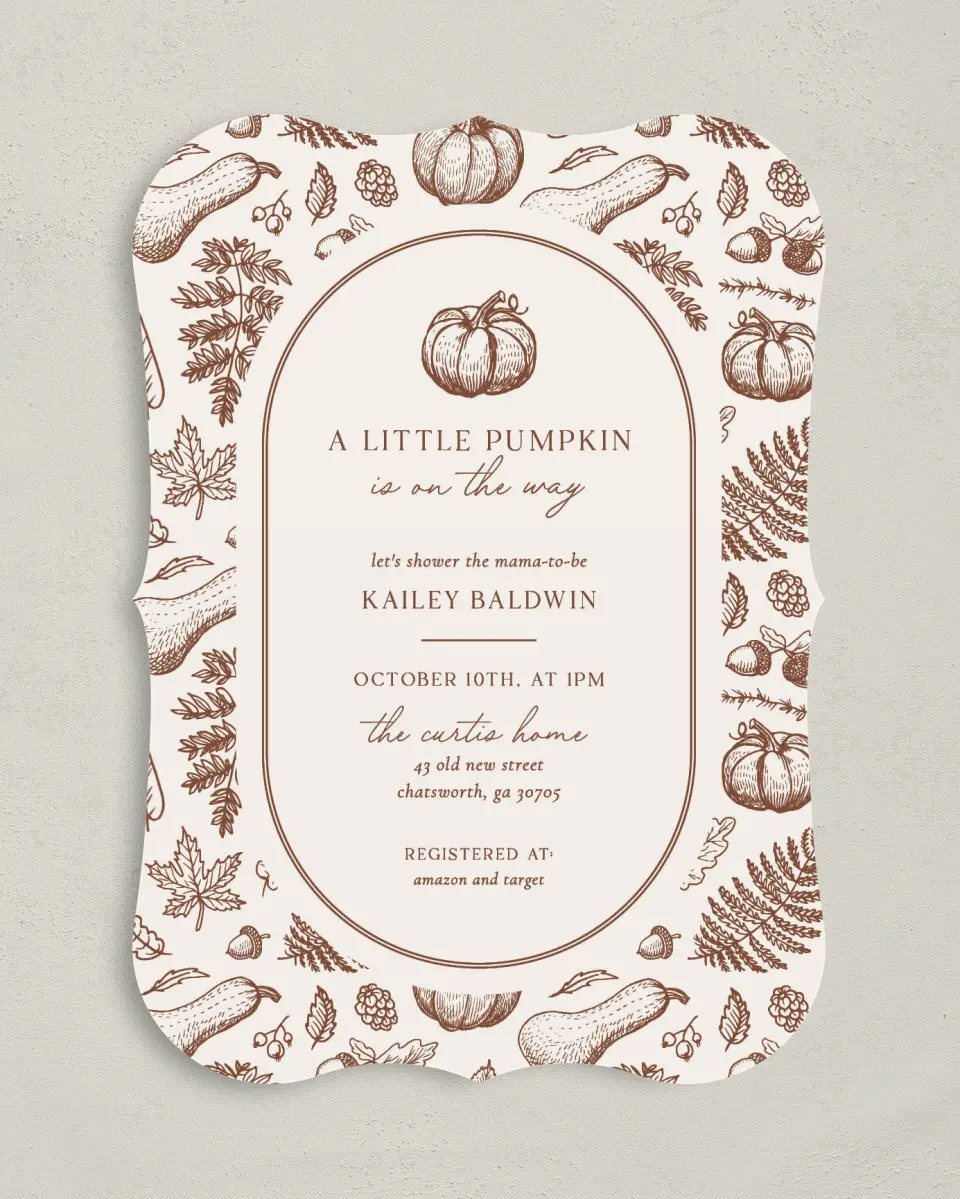 This is a 5" x 7" Baby Shower Invitation called Precious Pumpkin printed in full color on Premium Smooth paper