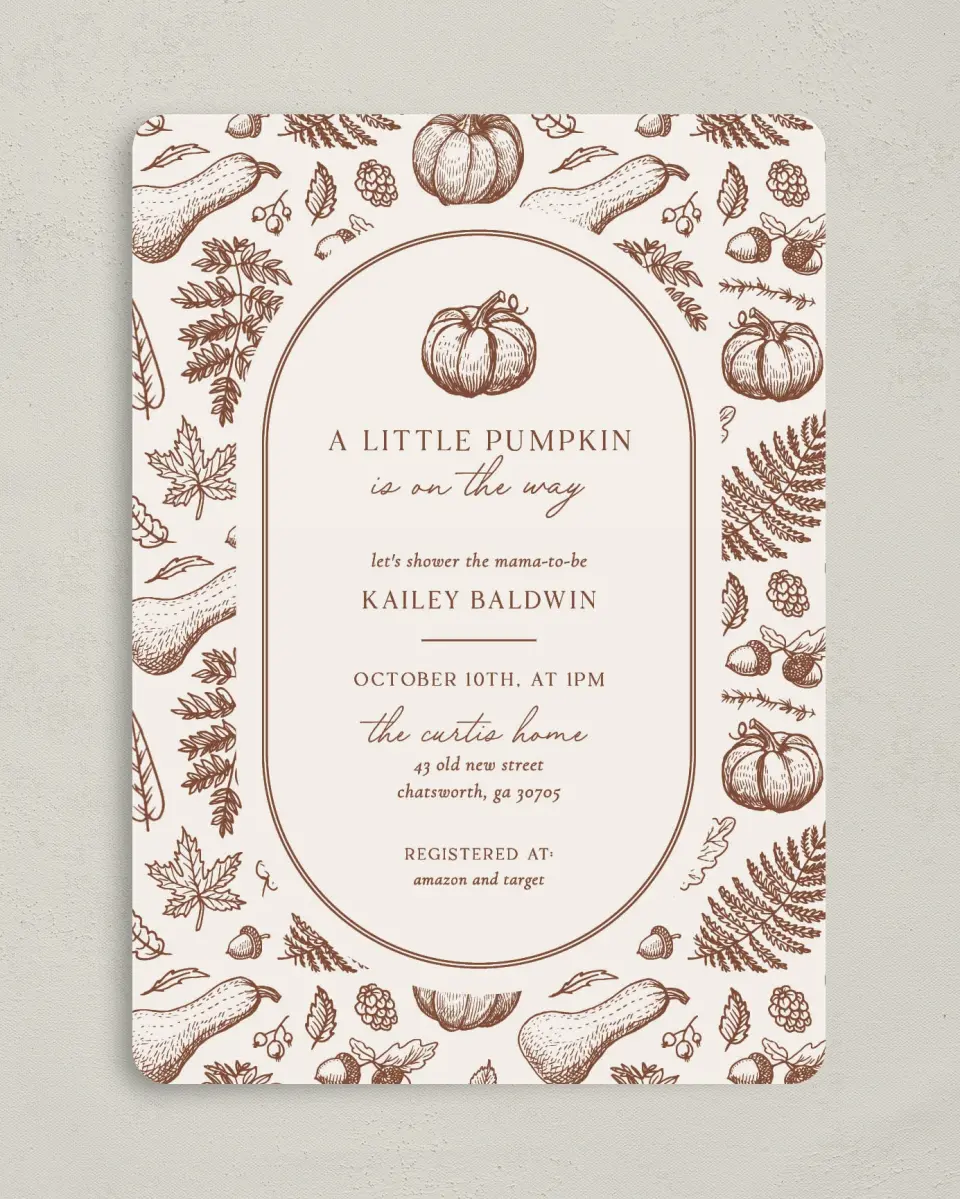 This is a 5" x 7" Baby Shower Invitation called Precious Pumpkin printed in full color on Premium Smooth paper