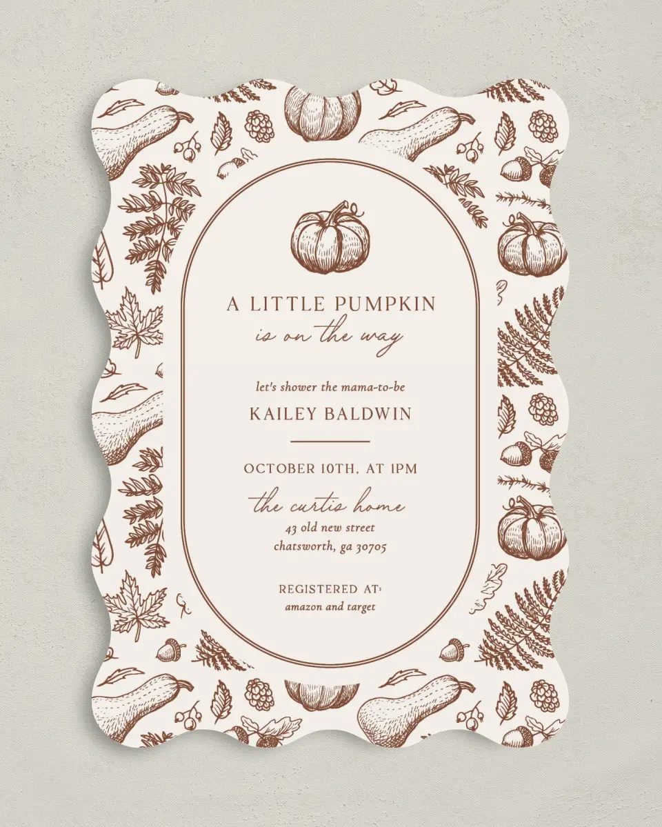 This is a 5" x 7" Baby Shower Invitation called Precious Pumpkin printed in full color on Premium Smooth paper