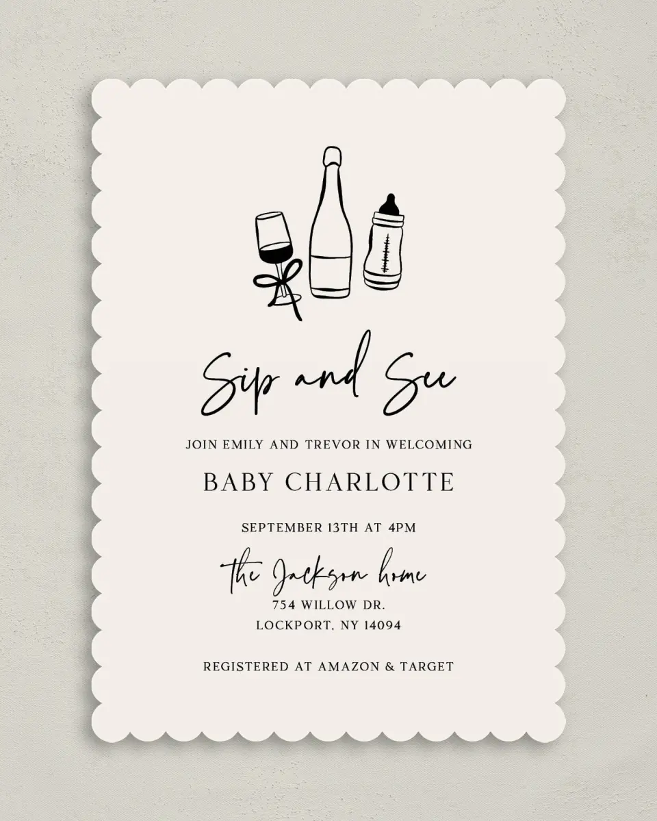 This is a 5" x 7" Baby Shower Invitation called Sip & See printed in full color on Premium Smooth paper