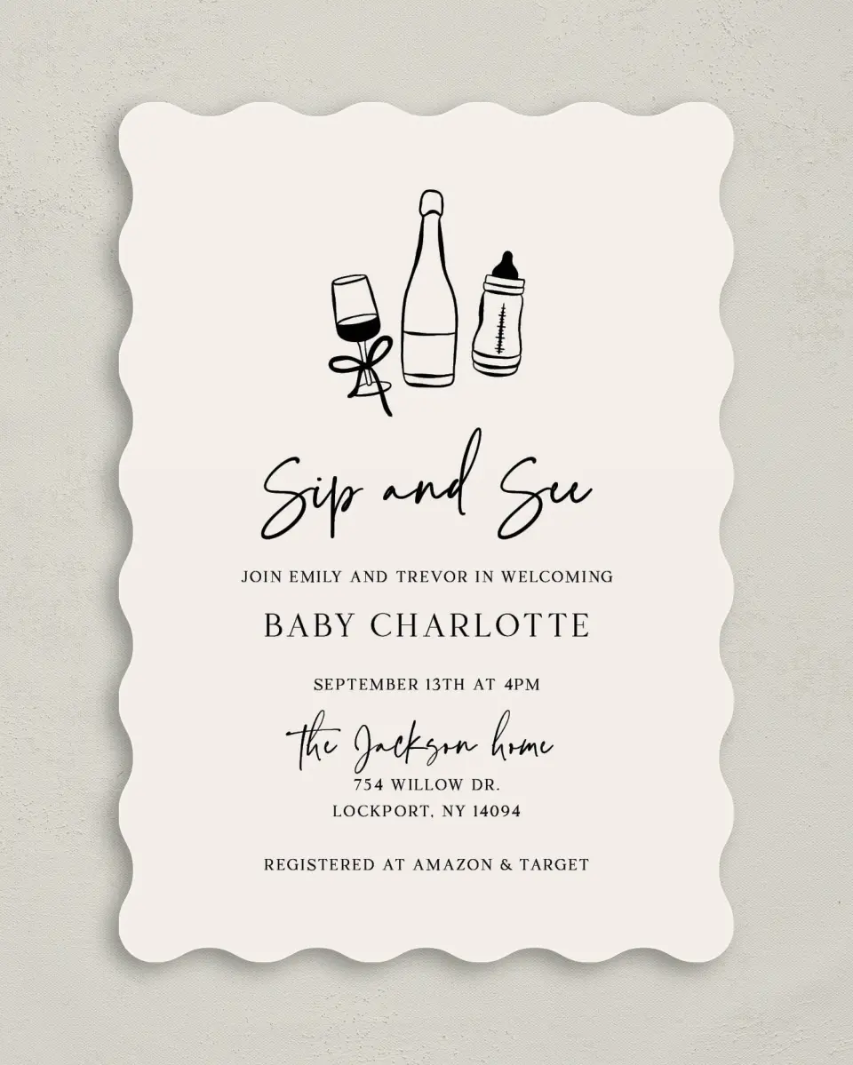 This is a 5" x 7" Baby Shower Invitation called Sip & See printed in full color on Premium Smooth paper