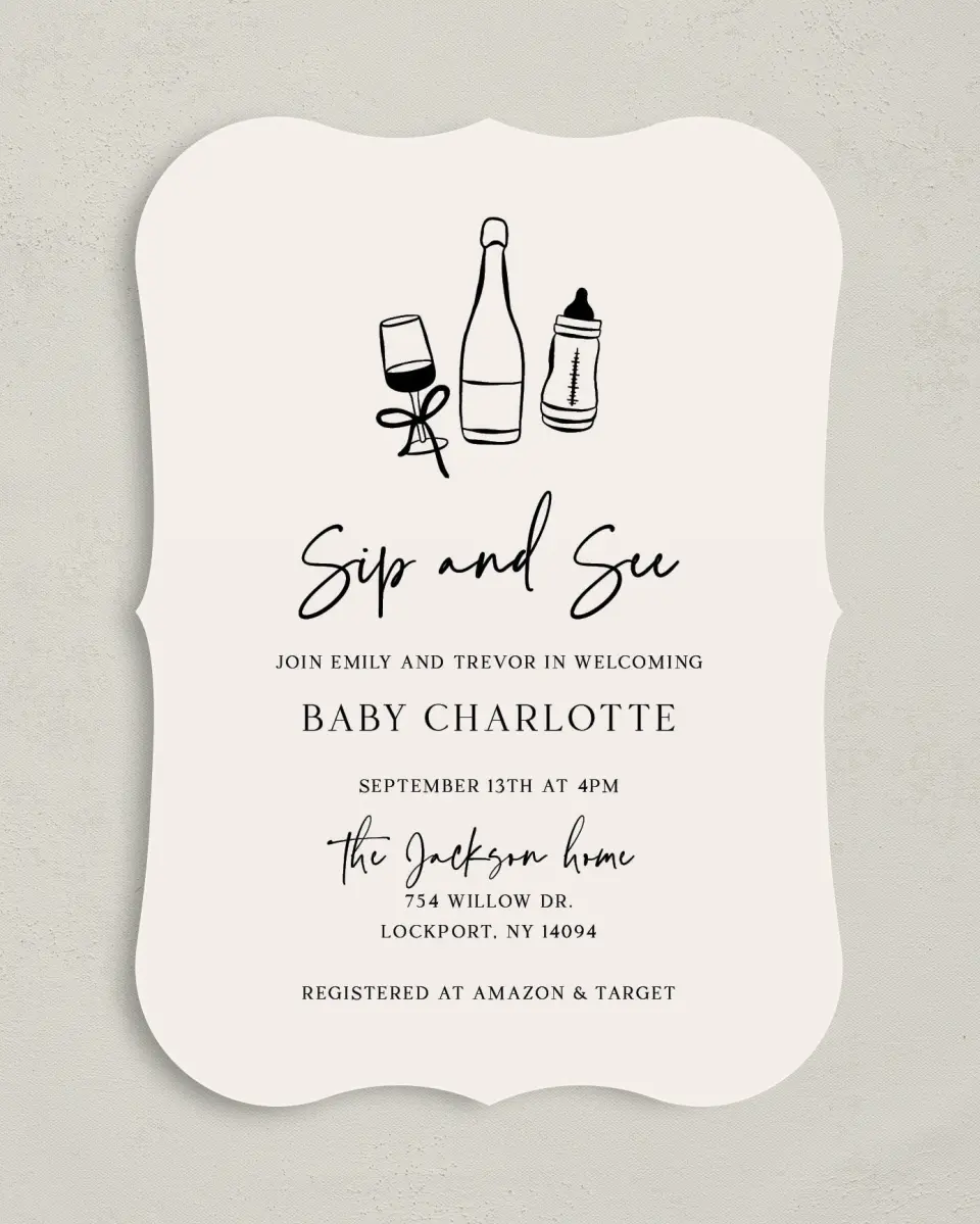 This is a 5" x 7" Baby Shower Invitation called Sip & See printed in full color on Premium Smooth paper