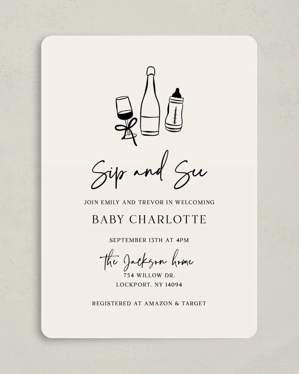 This is a 5" x 7" Baby Shower Invitation called Sip & See printed in full color on Premium Smooth paper
