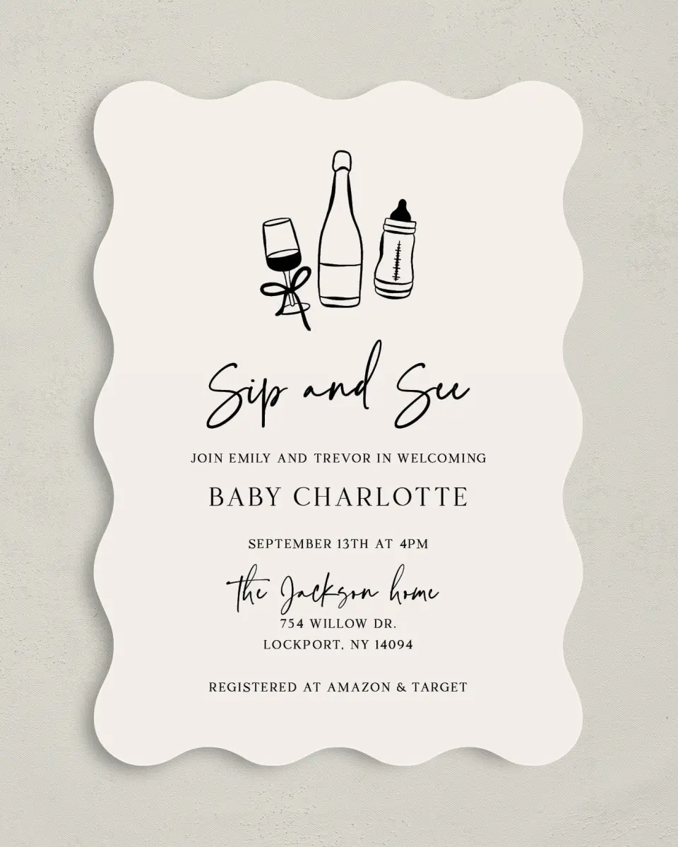 This is a 5" x 7" Baby Shower Invitation called Sip & See printed in full color on Premium Smooth paper