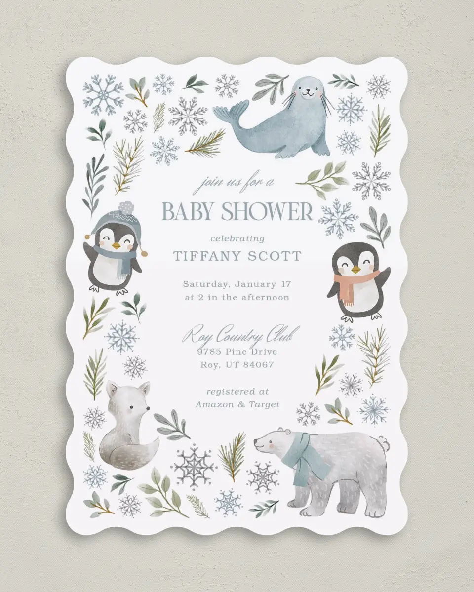 This is a 5" x 7" Baby Shower Invitation called Arctic Animals printed in full color on Premium Smooth paper