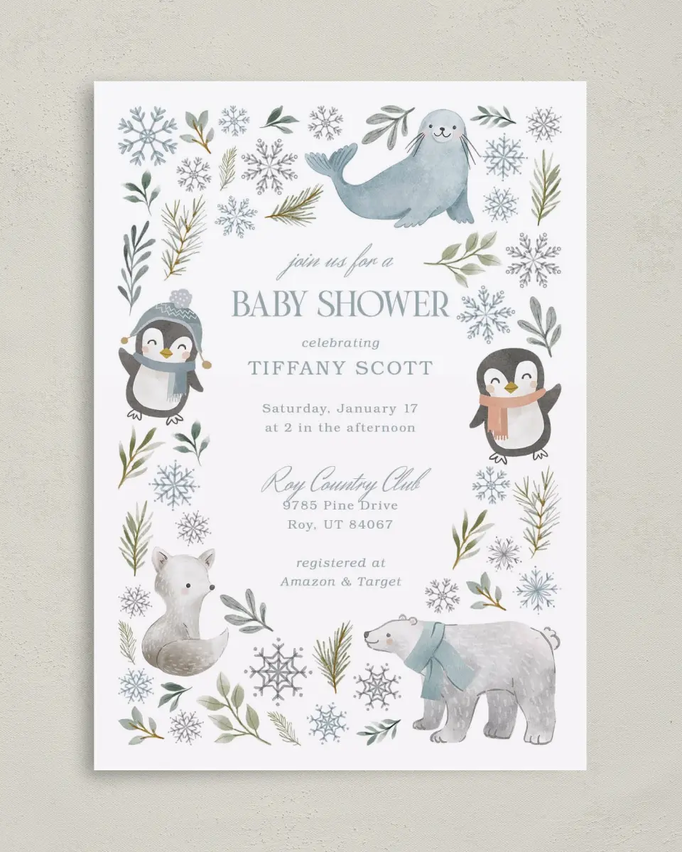 This is a 5" x 7" Baby Shower Invitation called Arctic Animals printed in full color with Gold foil on Luxe Satin (coated) paper