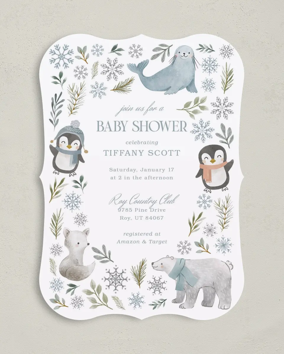 This is a 5" x 7" Baby Shower Invitation called Arctic Animals printed in full color on Premium Smooth paper