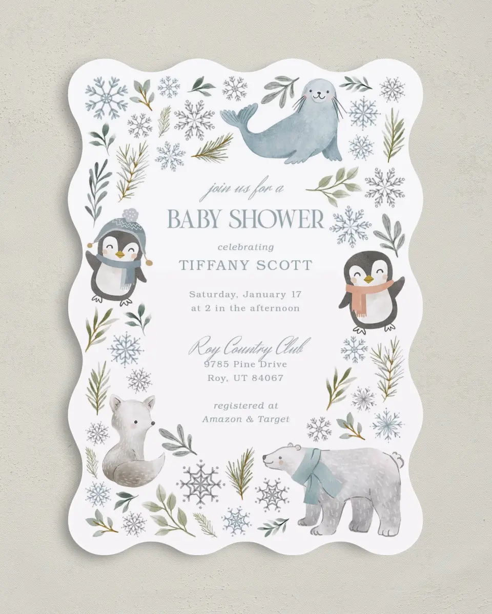 This is a 5" x 7" Baby Shower Invitation called Arctic Animals printed in full color on Premium Smooth paper