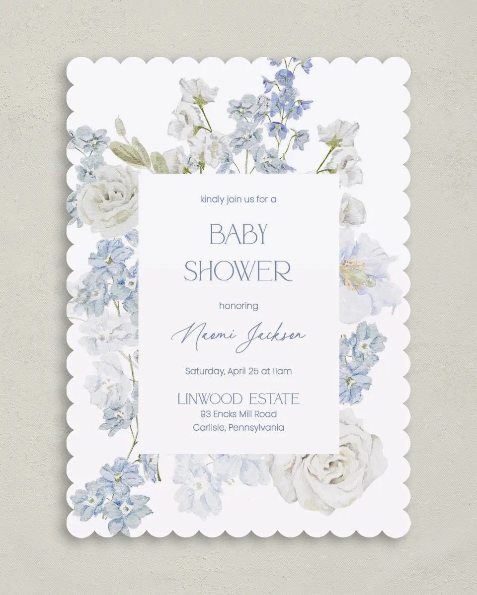 This is a 5" x 7" Baby Shower Invitation called Darling Delphinium printed in full color on Premium Smooth paper