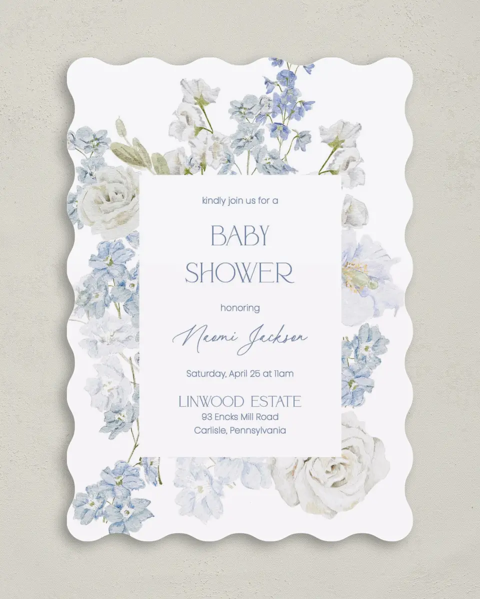 This is a 5" x 7" Baby Shower Invitation called Darling Delphinium printed in full color on Premium Smooth paper