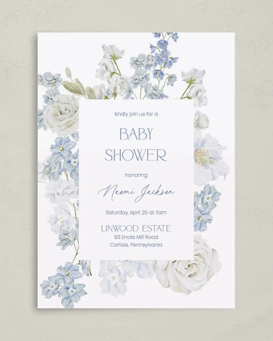 This is a 5" x 7" Baby Shower Invitation called Darling Delphinium printed in full color with Gold foil on Luxe Satin (coated) paper