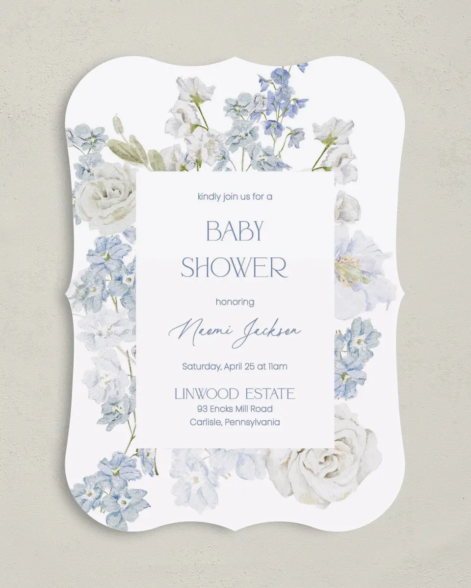 This is a 5" x 7" Baby Shower Invitation called Darling Delphinium printed in full color on Premium Smooth paper