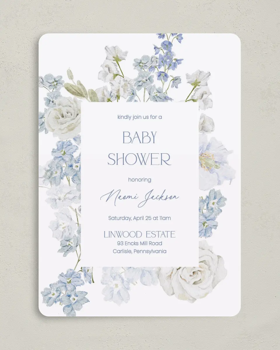 This is a 5" x 7" Baby Shower Invitation called Darling Delphinium printed in full color on Premium Smooth paper