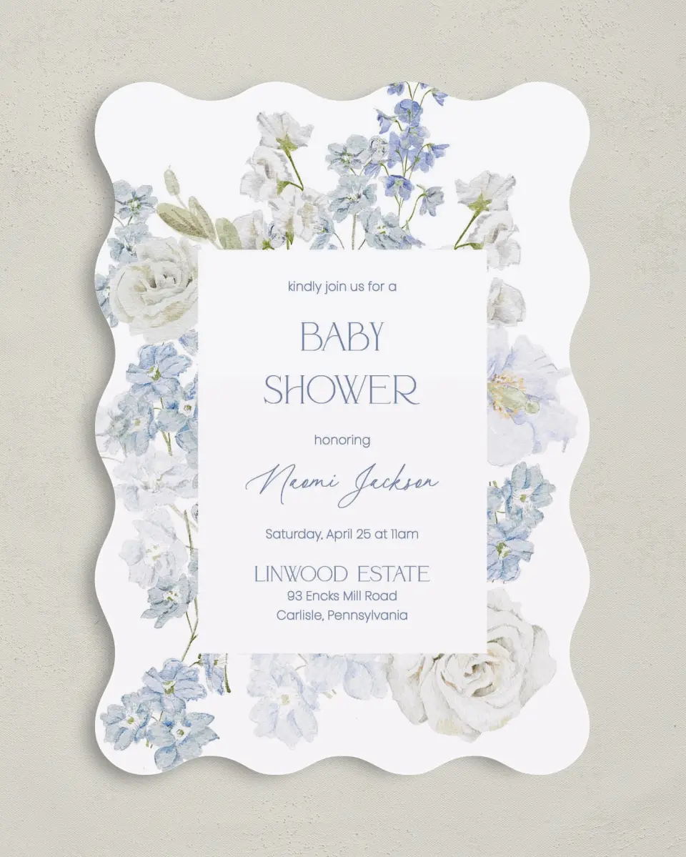 This is a 5" x 7" Baby Shower Invitation called Darling Delphinium printed in full color on Premium Smooth paper