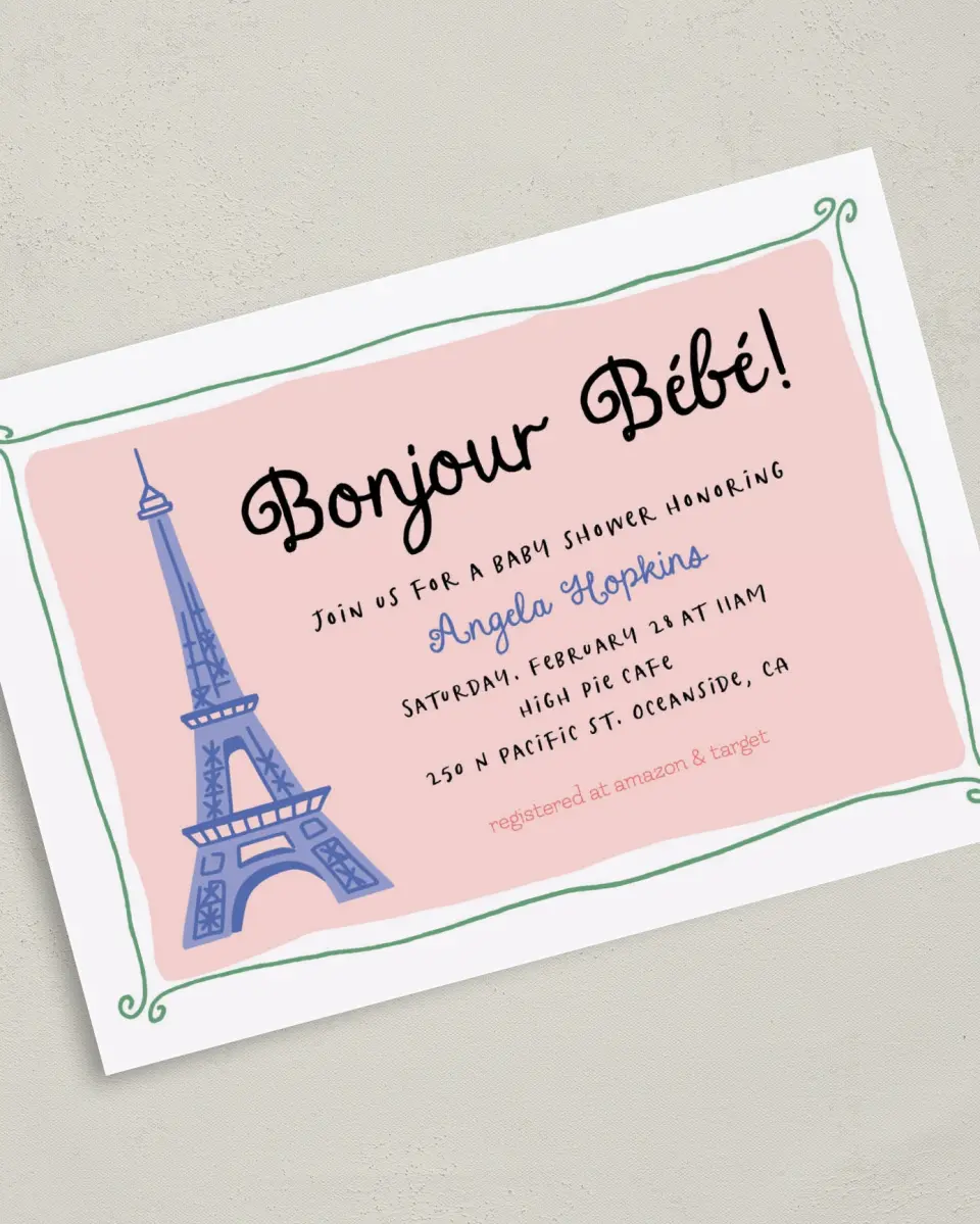 This is a 5" x 7" Baby Shower Invitation called Bonjour Bebe printed in full color with Silver foil on Luxe Satin (coated) paper