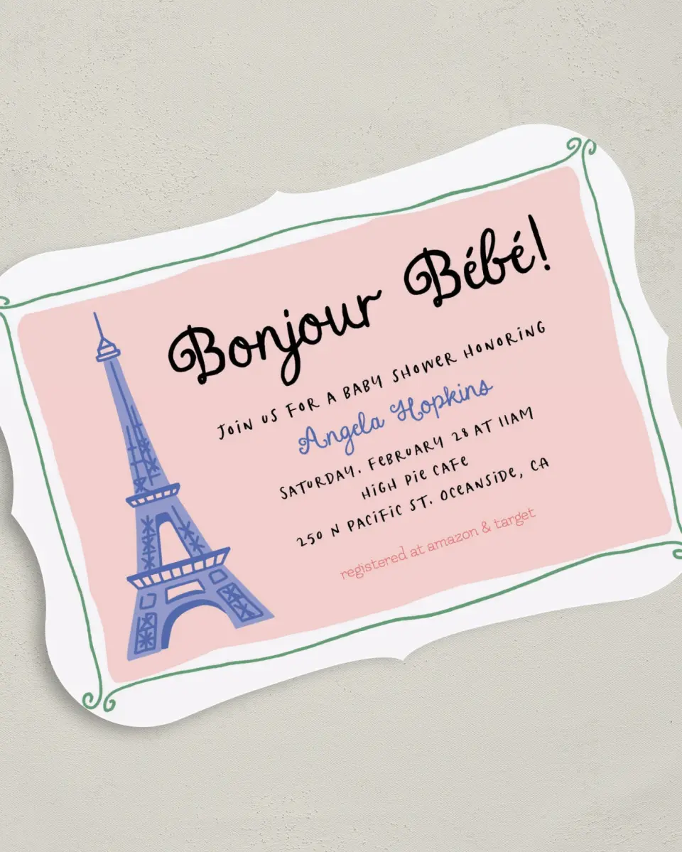 This is a 5" x 7" Baby Shower Invitation called Bonjour Bebe printed in full color on Premium Smooth paper