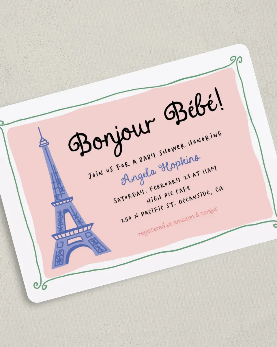 This is a 5" x 7" Baby Shower Invitation called Bonjour Bebe printed in full color on Premium Smooth paper
