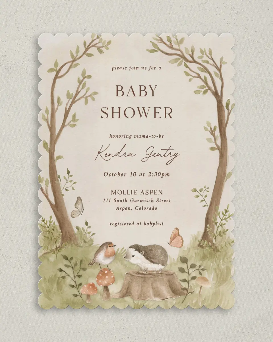 This is a 5" x 7" Baby Shower Invitation called Enchanting Forest printed in full color on Premium Smooth paper