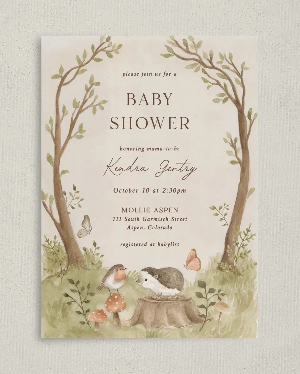 This is a 5" x 7" Baby Shower Invitation called Enchanting Forest printed in full color with Silver foil on Luxe Satin (coated) paper
