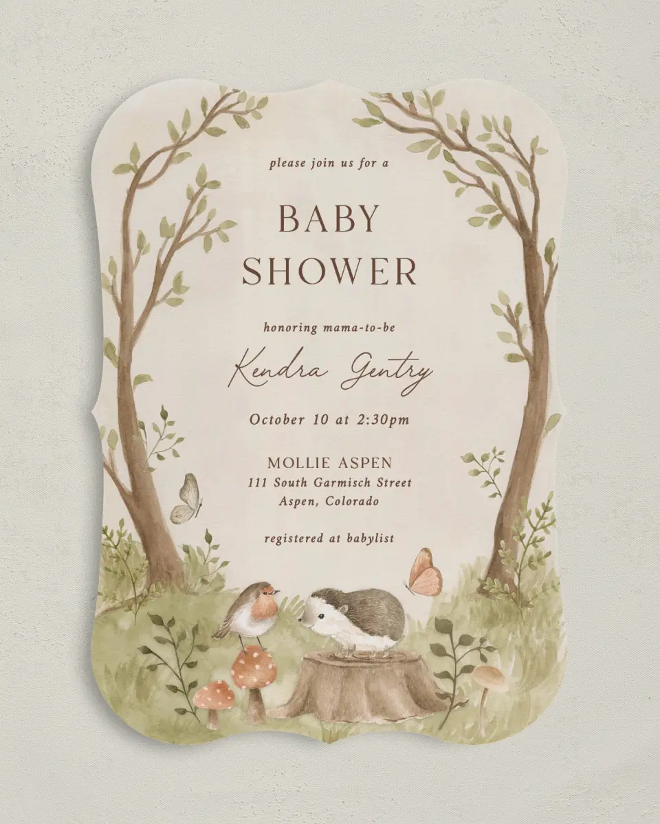 This is a 5" x 7" Baby Shower Invitation called Enchanting Forest printed in full color on Premium Smooth paper
