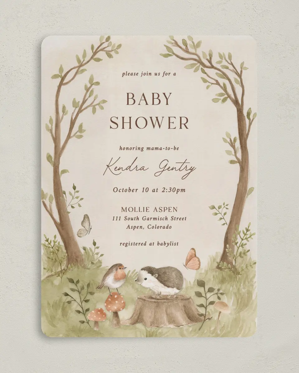 This is a 5" x 7" Baby Shower Invitation called Enchanting Forest printed in full color with Silver foil on Luxe Satin (coated) paper